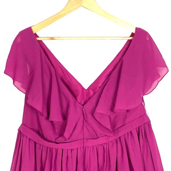 Fuchsia Ruffle-Front Chiffon Bridesmaid Dress V-Neckline Waist Knee-Length New - Picture 4 of 12